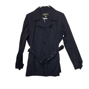 Eddie Bauer Womens Lightweight Trench Coat Jacket Button‎ Belted Navy Blue Large